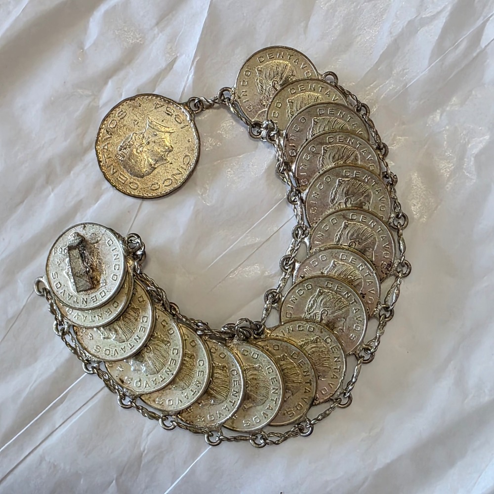 Vintage Mexican Cinco Centavos Coin Bracelet Statement Silver Tone Charm